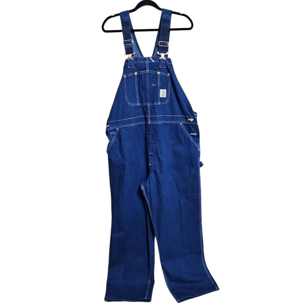 Vintage Carhartt Cargo Bib Denim Jean Overalls R08 DNM USA Mens 44 x 30